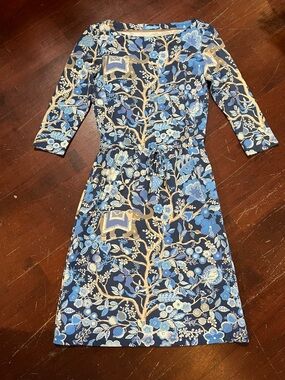 J. McLaughlin Navy and Light Blue Floral 3/4 Sleeve Drawstring Dress